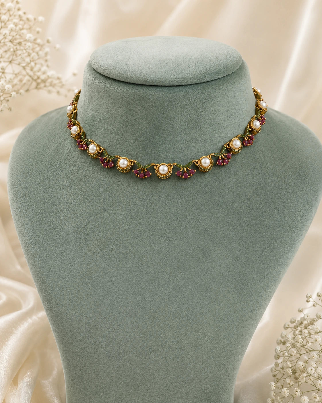 Pearl Ruby Cluster Necklace