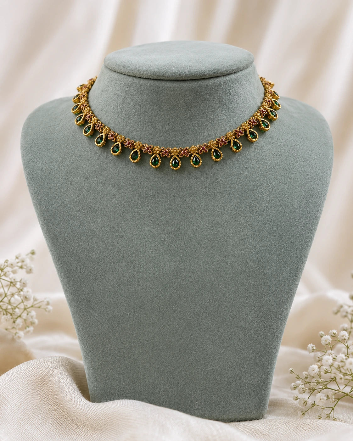 Ruby Teardrop Floral Necklace