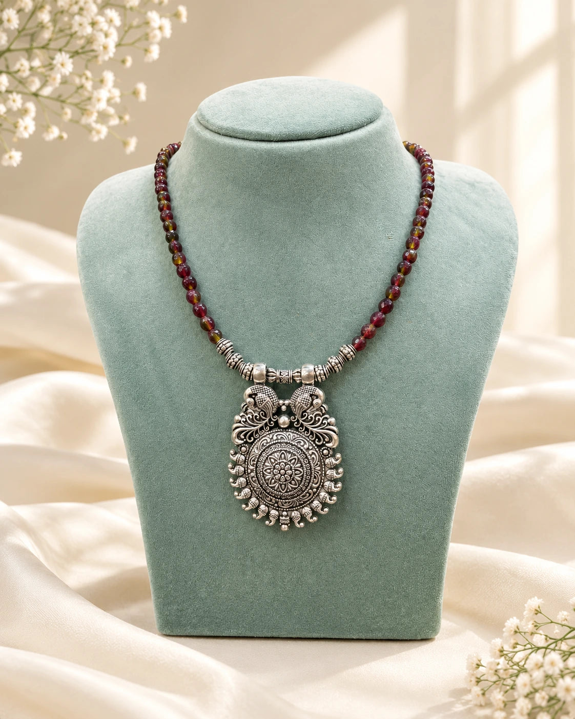 Green Beaded Oxidised Finish Necklace