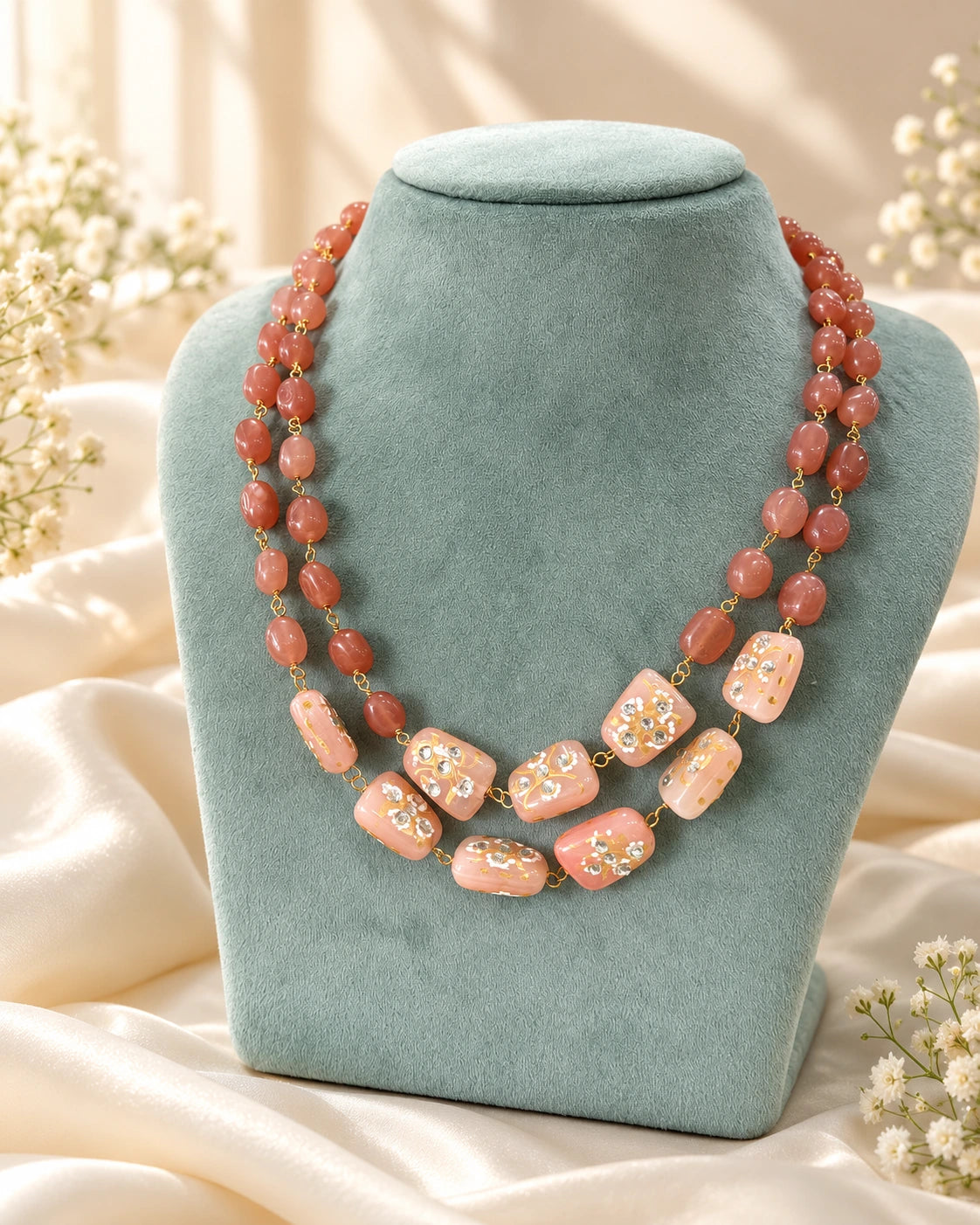 Maroon Floral Beaded Necklace