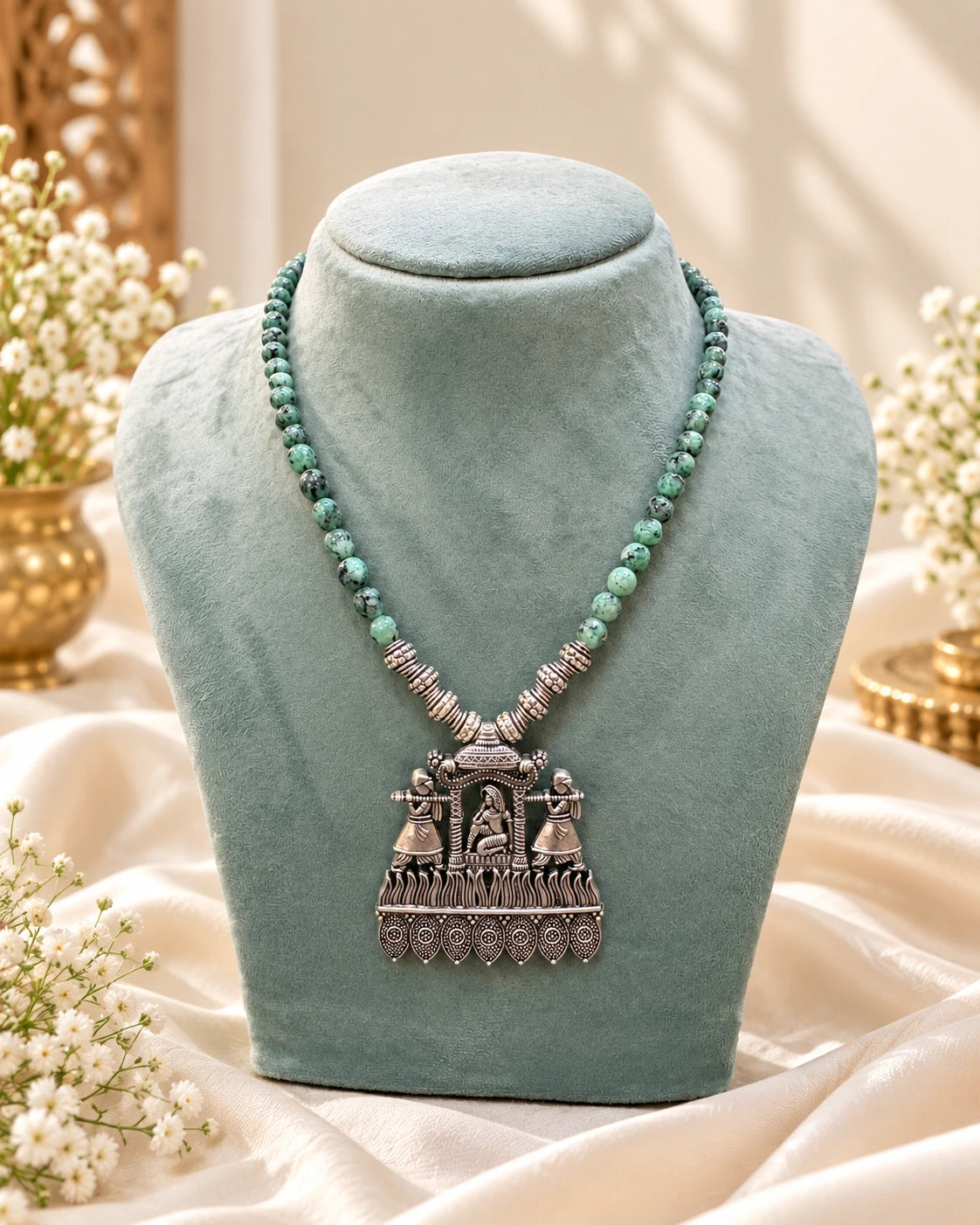 Pink Beaded Oxidised Finish Necklace