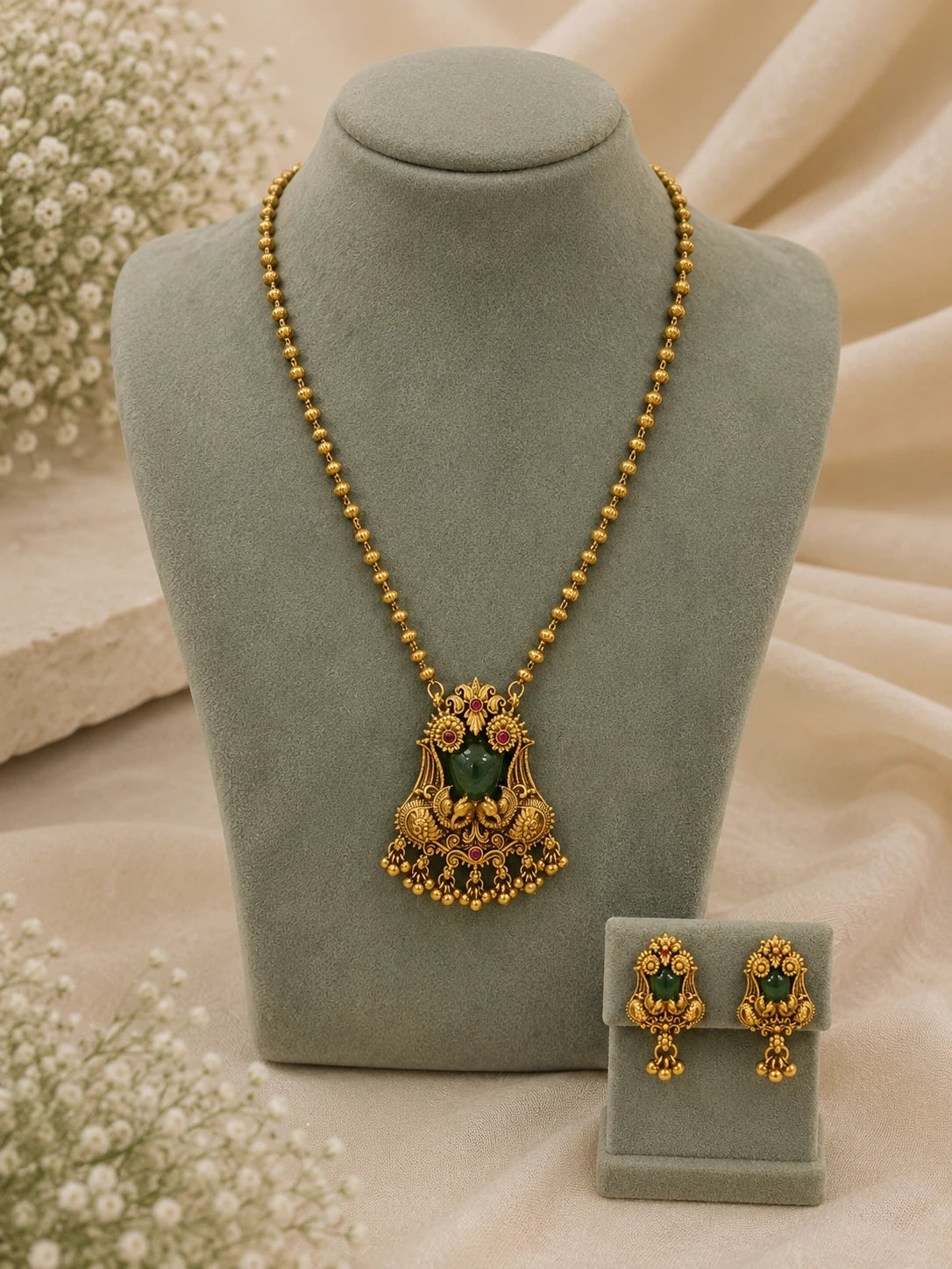 Antique Matte Finish Green Stone Pendant Necklace Set