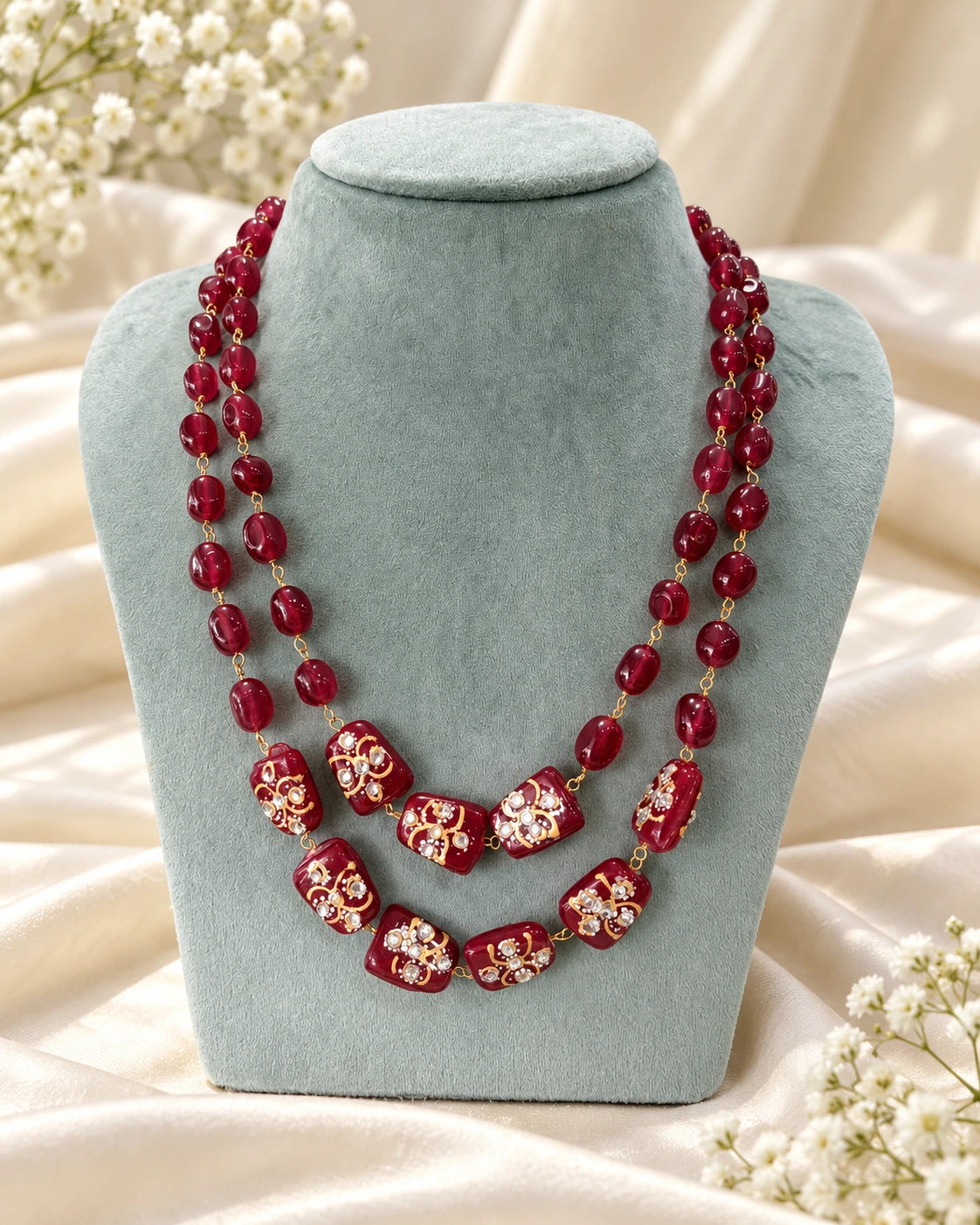 Maroon Floral Beaded Necklace