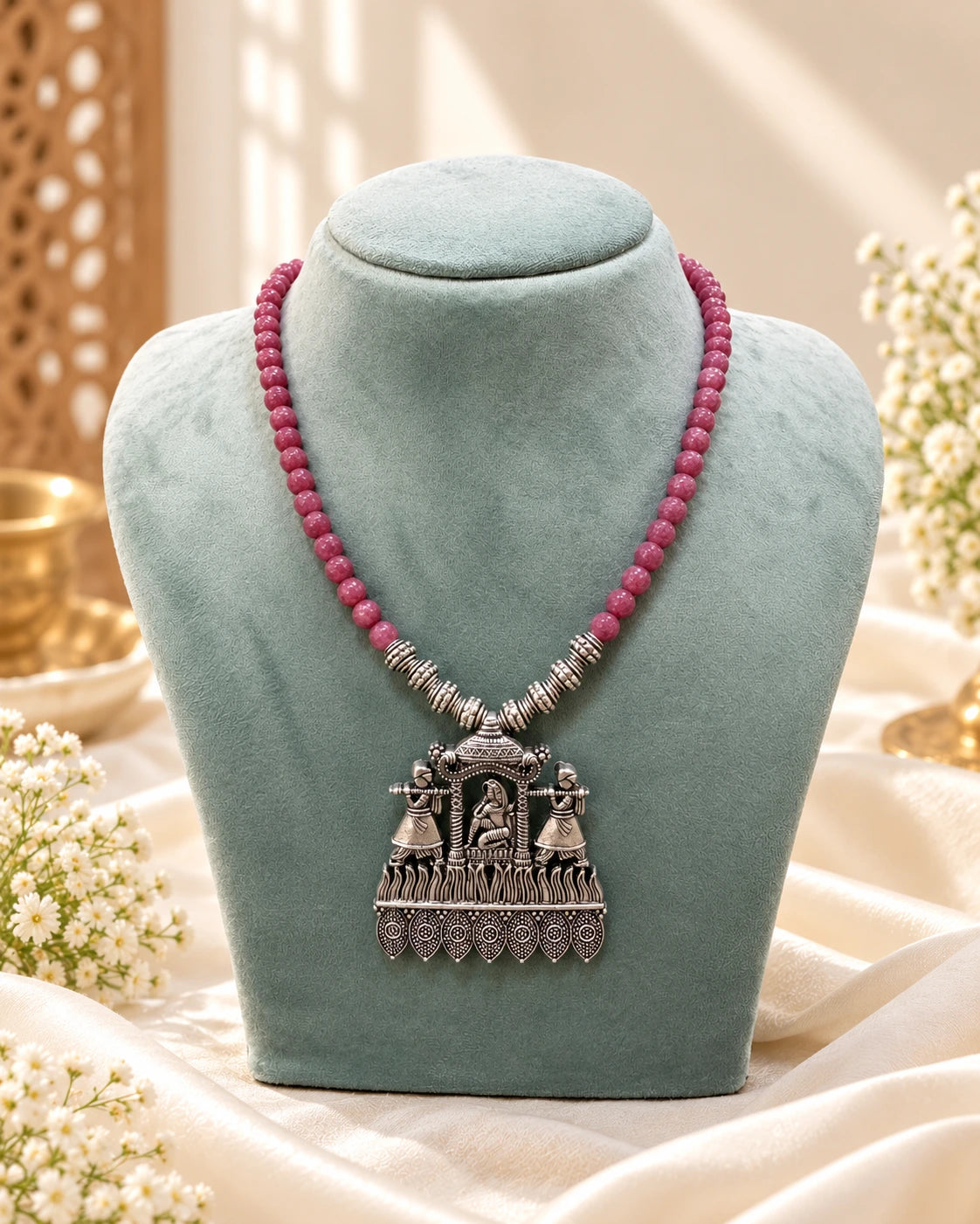 Pink Beaded Oxidised Finish Necklace