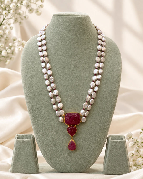 Carved Ruby Pearl Statement Necklace