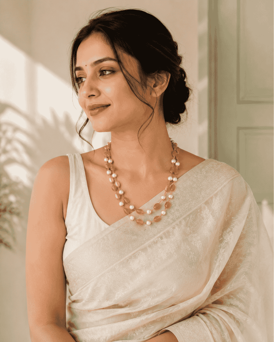Mustard Stone Beads & Shell Pearl Double Layer Necklace