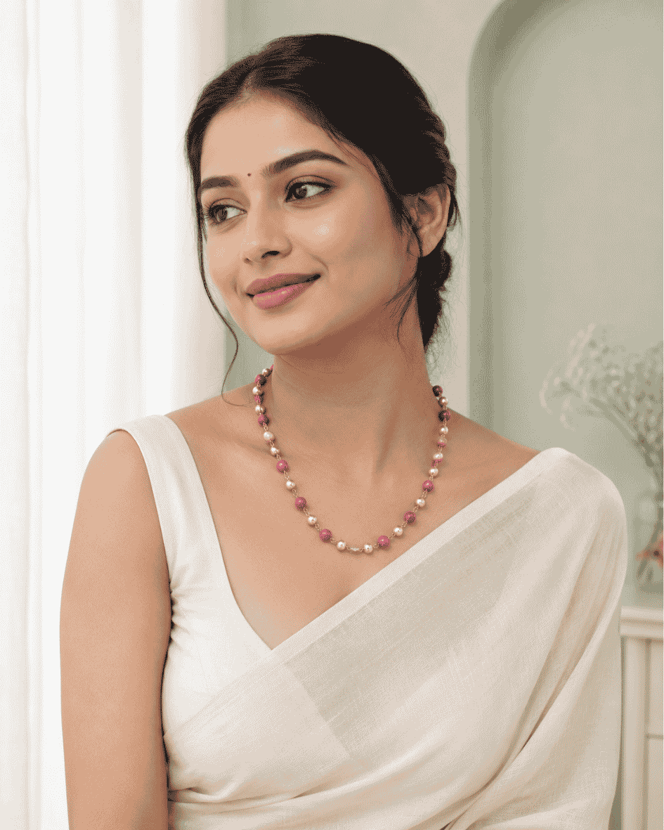 Pink Stone Beads & Pearl Single Layer Necklace