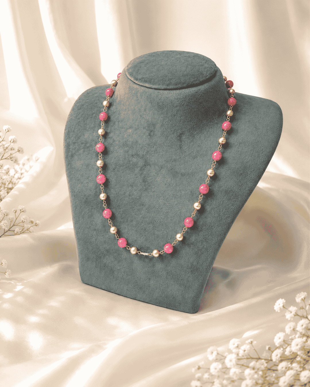 Pink Stone Beads & Pearl Single Layer Necklace