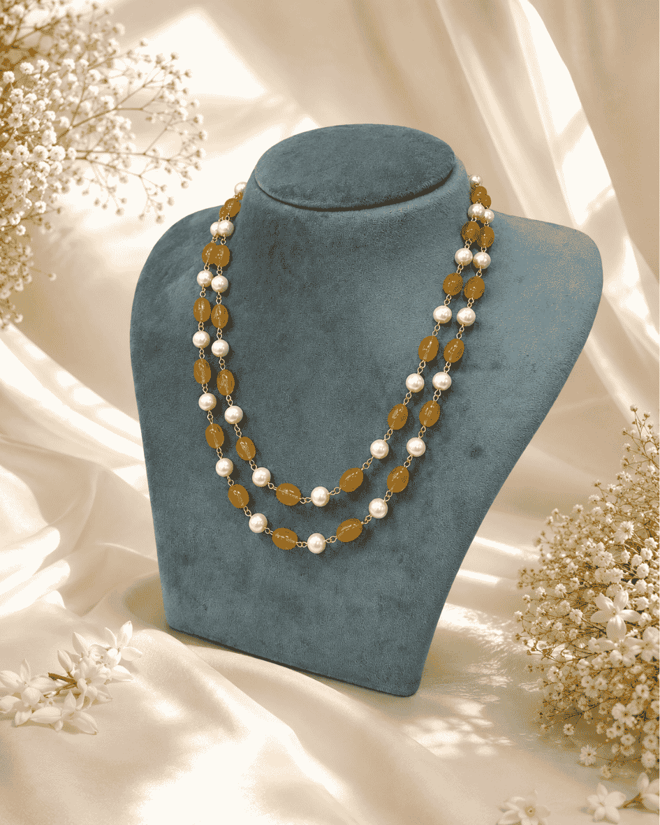 Mustard Stone Beads & Shell Pearl Double Layer Necklace