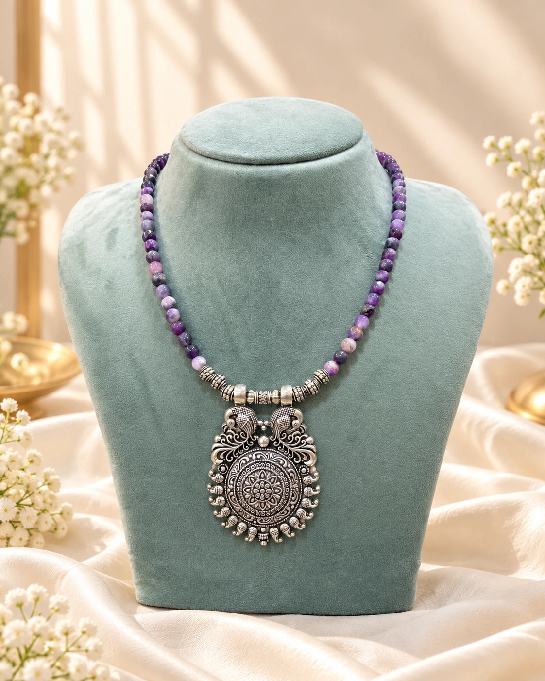 Green Beaded Oxidised Finish Necklace